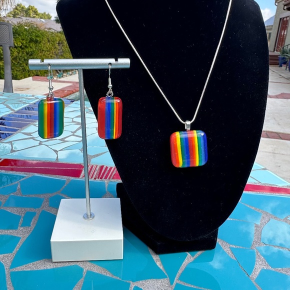 Pride fused glass pendant and earrings - choice of sterling silver chain - Picture 1 of 7